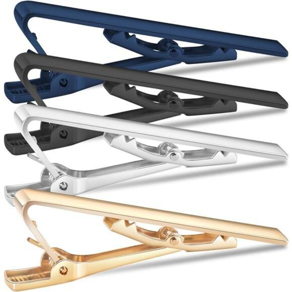 4 Pack Tie Clips for Men Classic Gold Silver Black Blue Tie Bars Formal Set - Picture 4 of 8